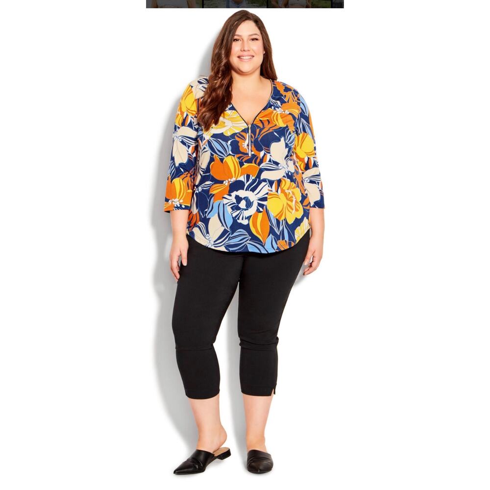 Evans Womens NEW Top 16 Blue Yellow Tropical Quarter Zip Elbow Sleeves V- Neck